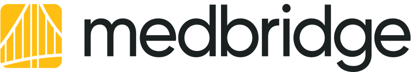 The image displays the Medbridge logo with yellow arches beside the lowercase black lettering of the company name.
